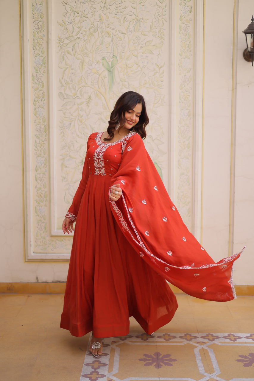 Red Embroidered Gown with Cutwork Dupatta