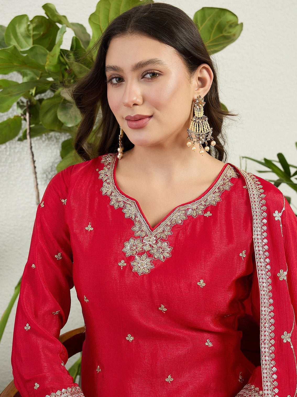 Red Embroidered Kurta Palazzo Set
