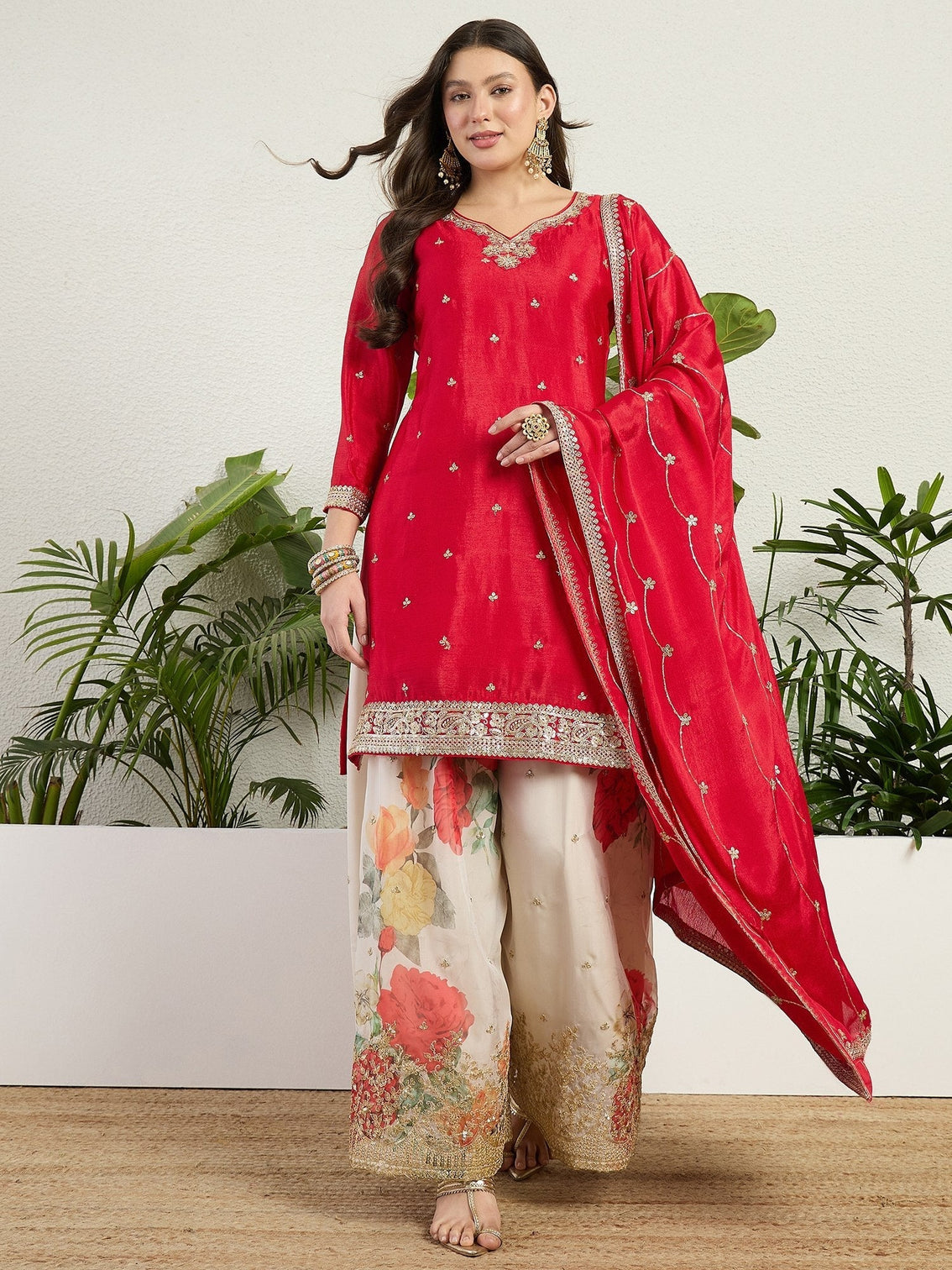 Red Embroidered Kurta Palazzo Set