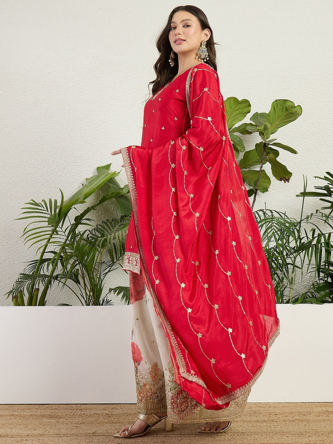 Red Embroidered Kurta Palazzo Set
