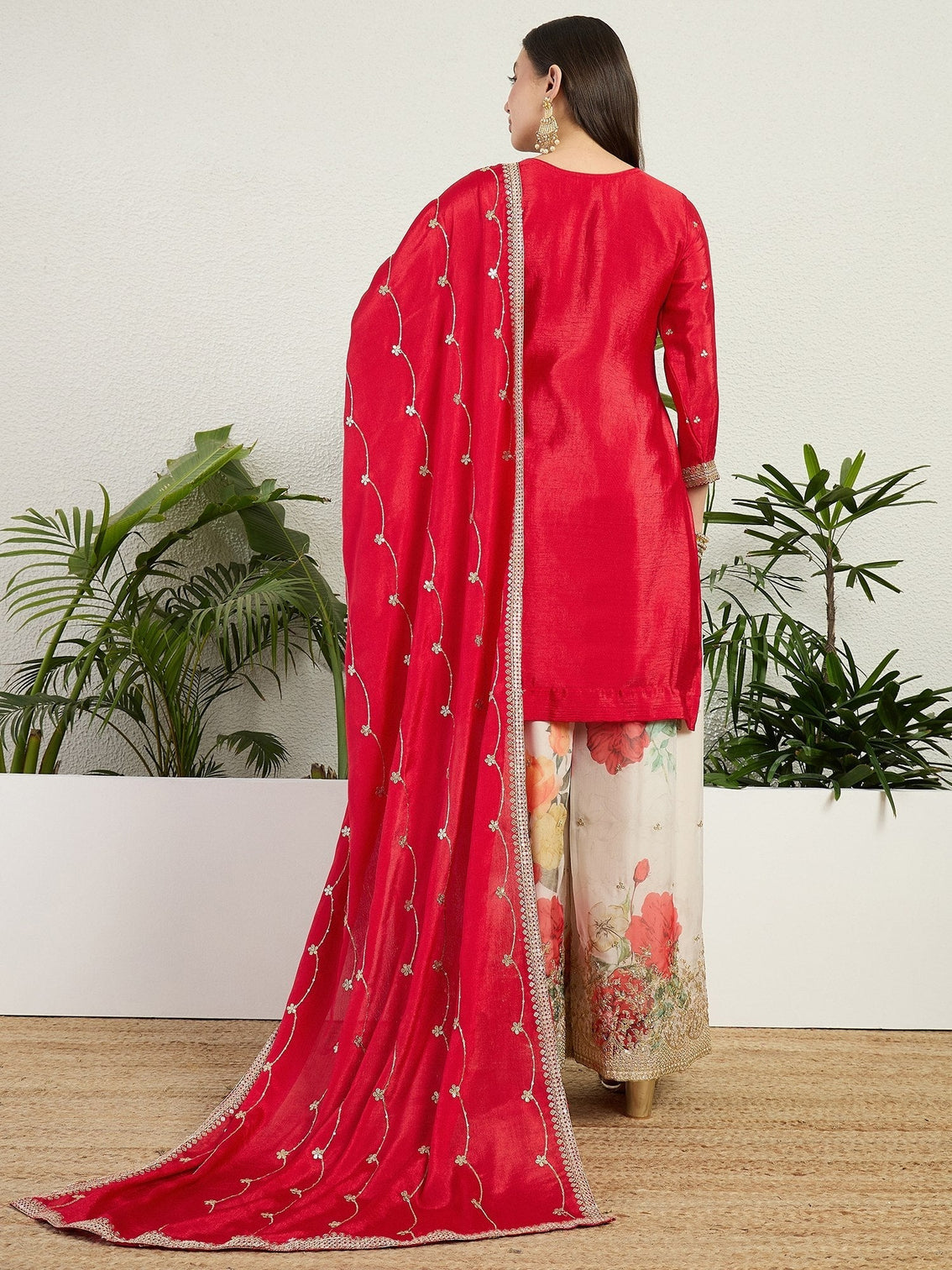 Red Embroidered Kurta Palazzo Set
