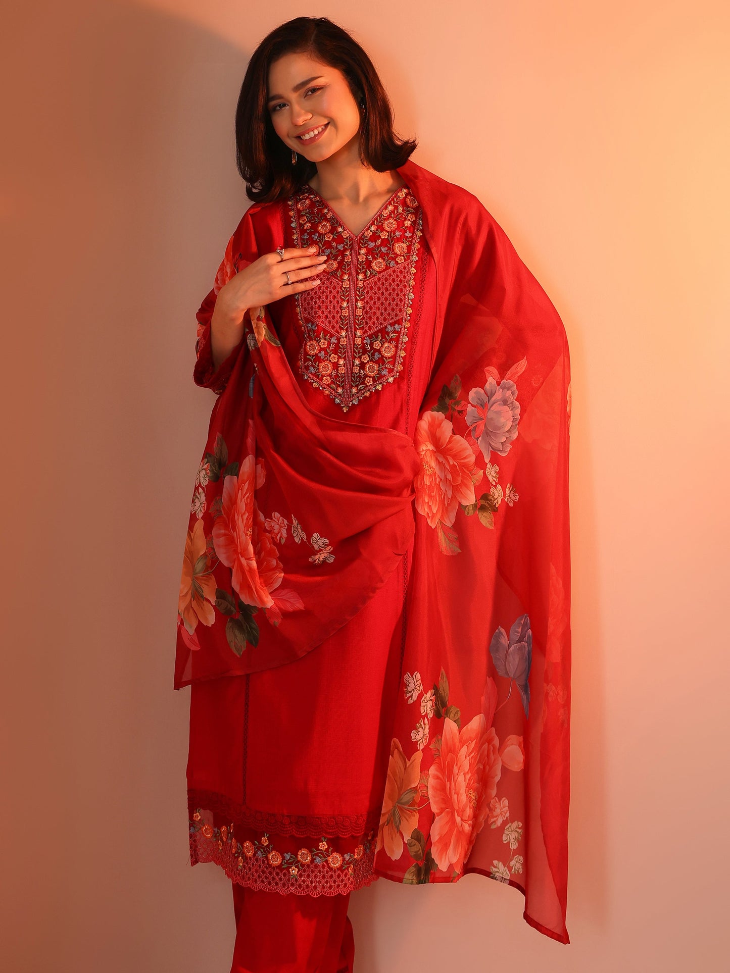 Libas Red Embroidered Silk Blend Straight Suit Set With Dupatta