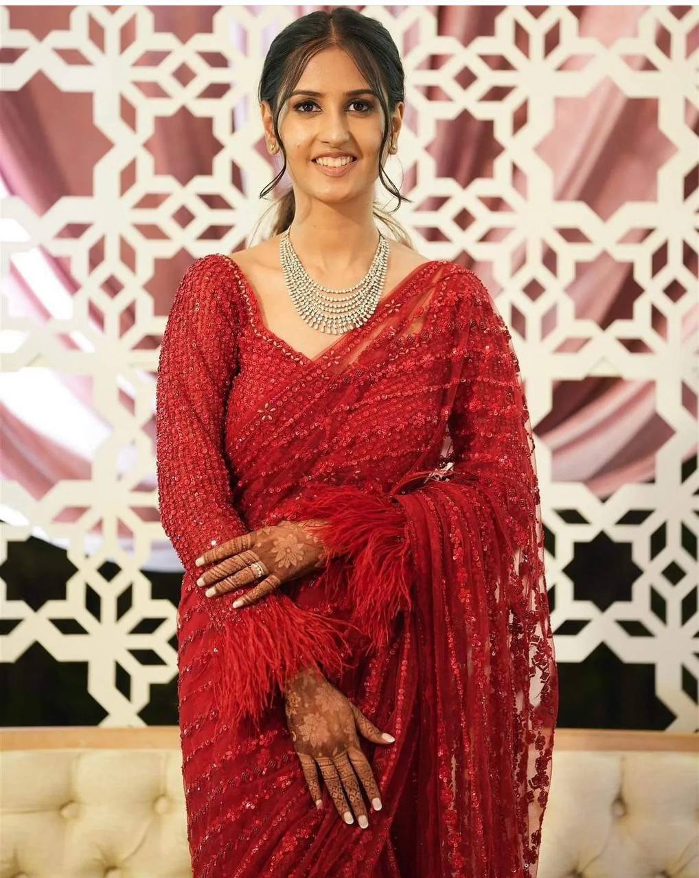 Red Eternal Elegance Sparkling Net Saree with Rainbow Sequins