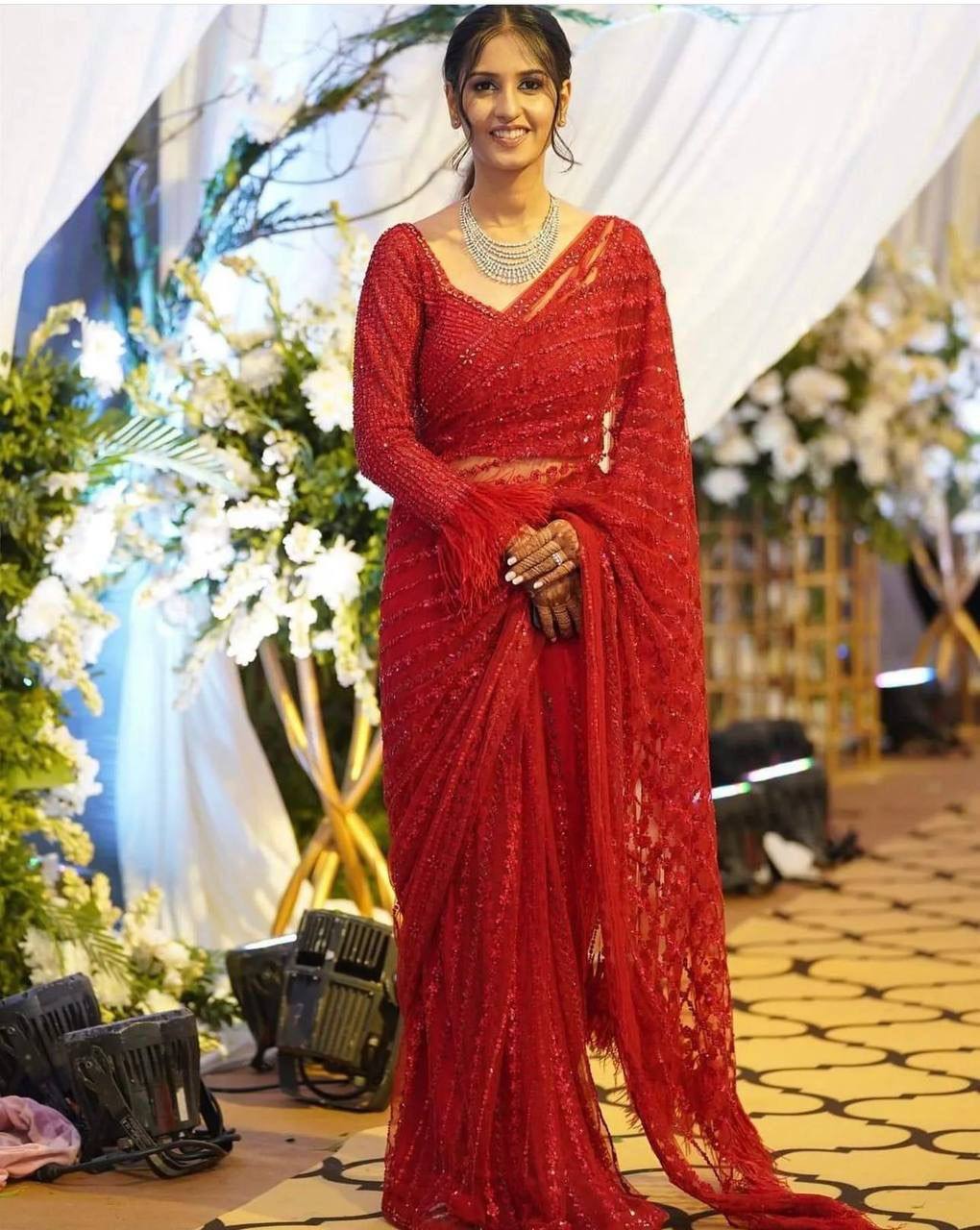 Red Eternal Elegance Sparkling Net Saree with Rainbow Sequins