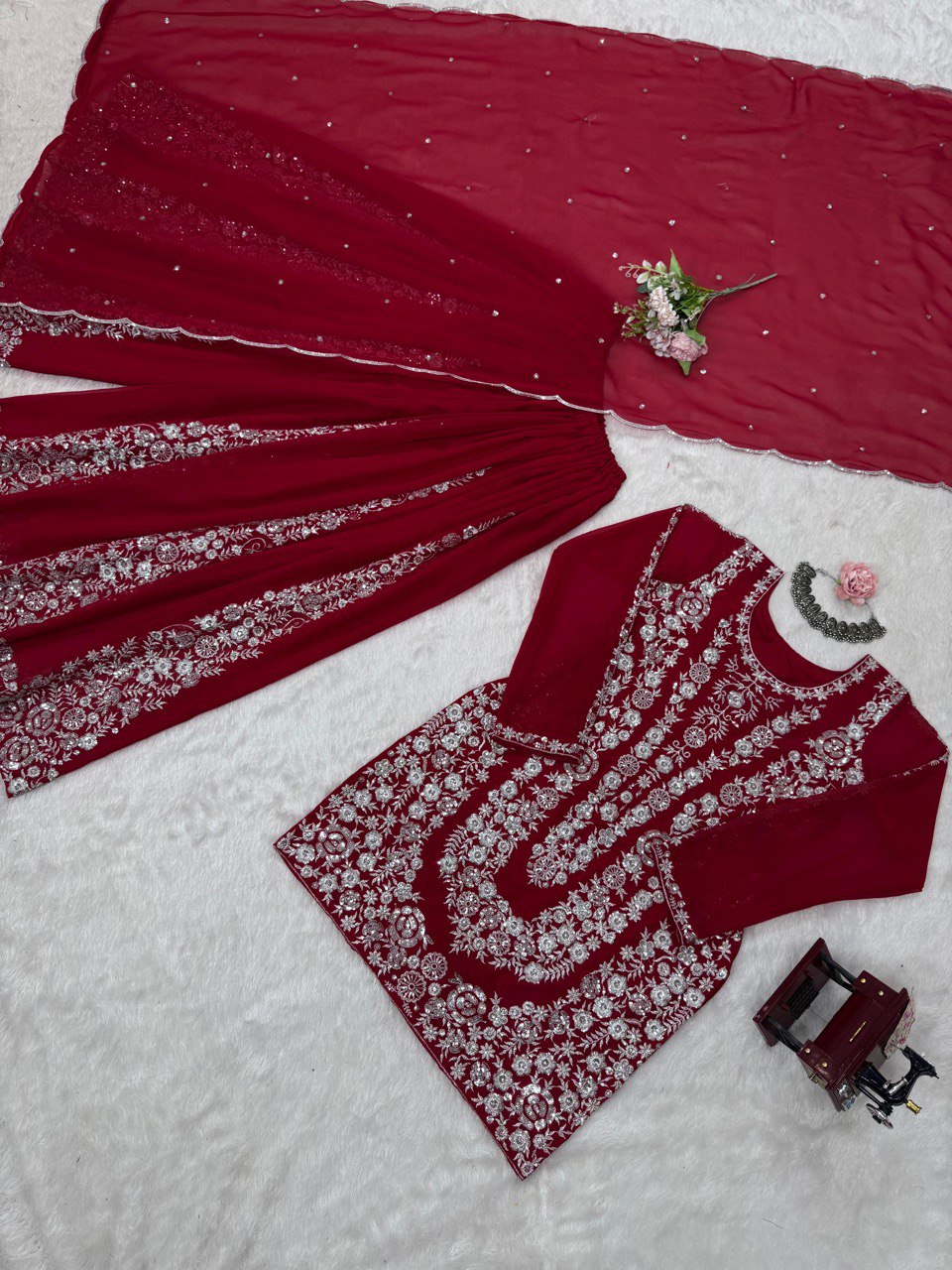 Red Ethnic Elegance Faux Georgette Thread & Sequin Embroidered Suit Set