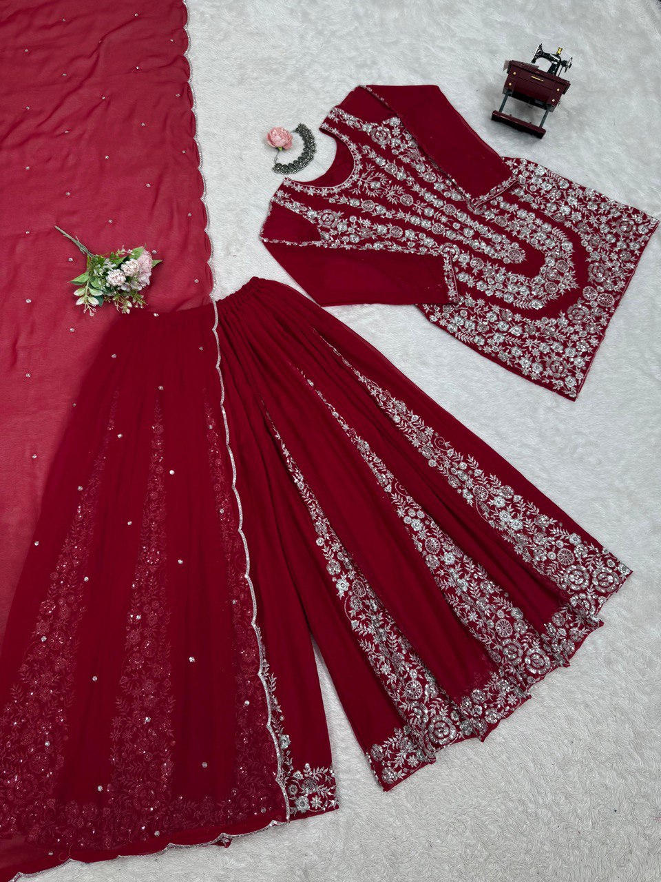 Red Ethnic Elegance Faux Georgette Thread & Sequin Embroidered Suit Set