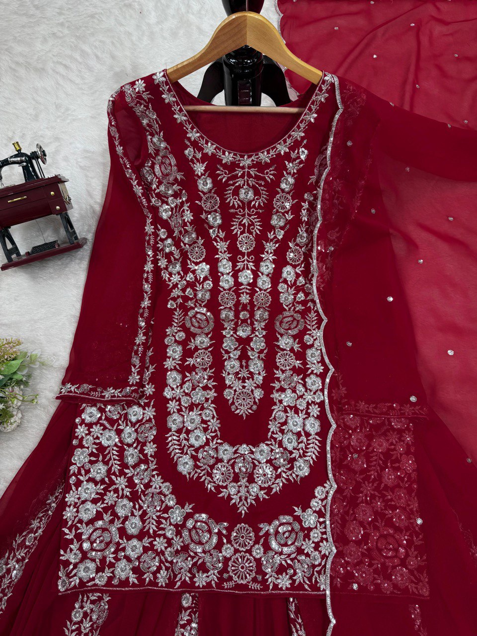 Red Ethnic Elegance Faux Georgette Thread & Sequin Embroidered Suit Set