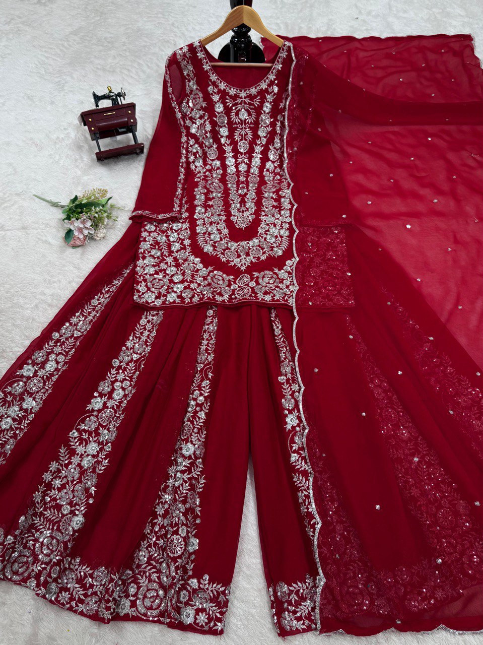 Red Ethnic Elegance Faux Georgette Thread & Sequin Embroidered Suit Set