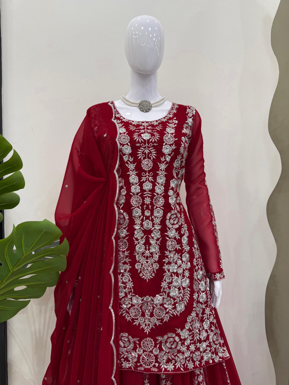 Red Ethnic Elegance Faux Georgette Thread & Sequin Embroidered Suit Set