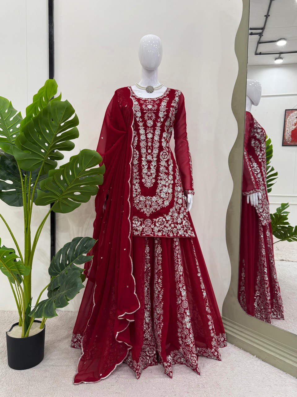 Red Ethnic Elegance Faux Georgette Thread & Sequin Embroidered Suit Set