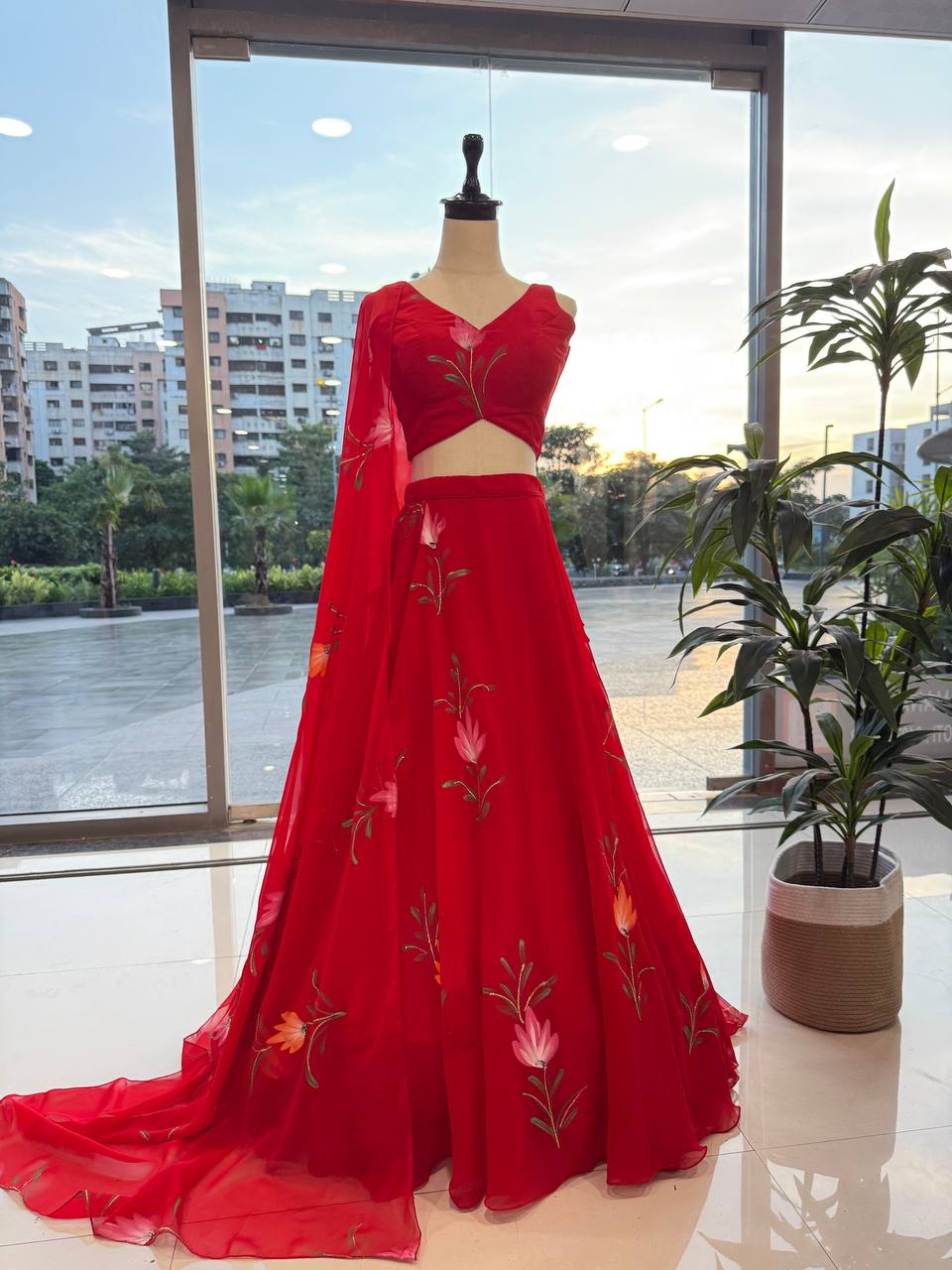 Red Exclusive Handpaint Georgette Lehenga Set with Designer Blouse & Dupatta
