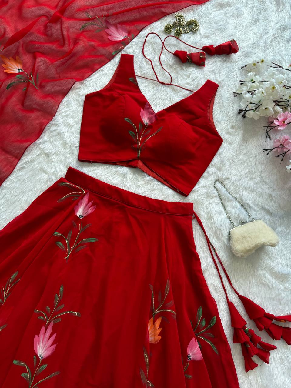Red Exclusive Handpaint Georgette Lehenga Set with Designer Blouse & Dupatta