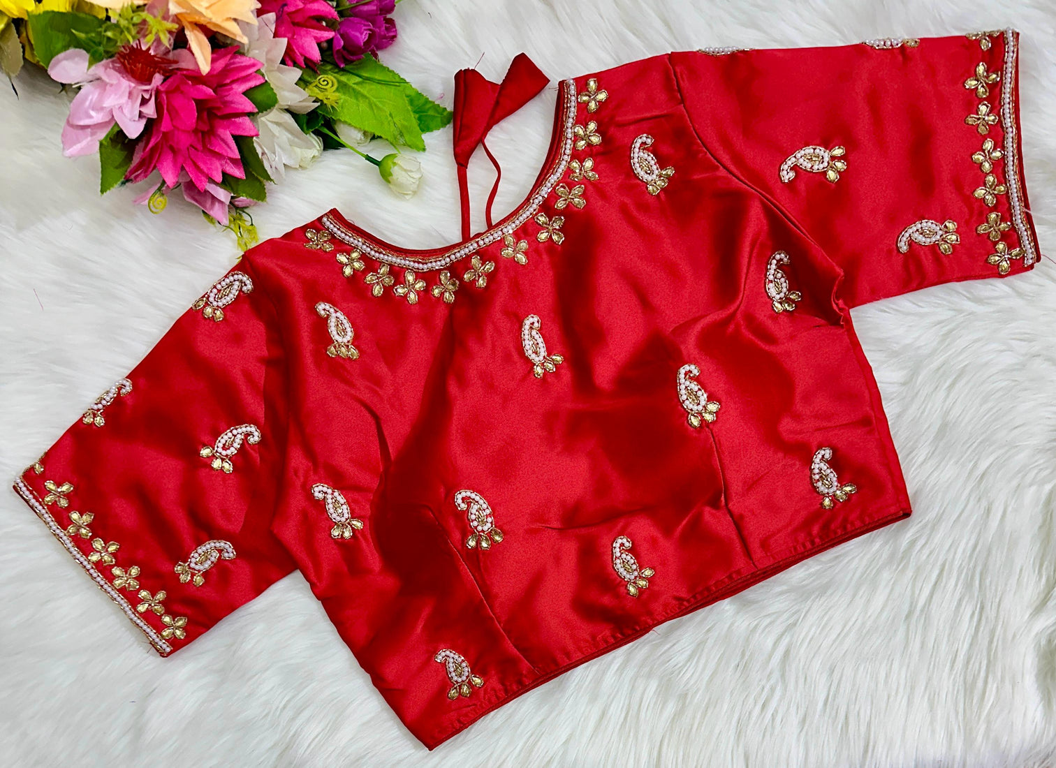 Red Exquisite Hand-Embroidered Methu Silk Blouse