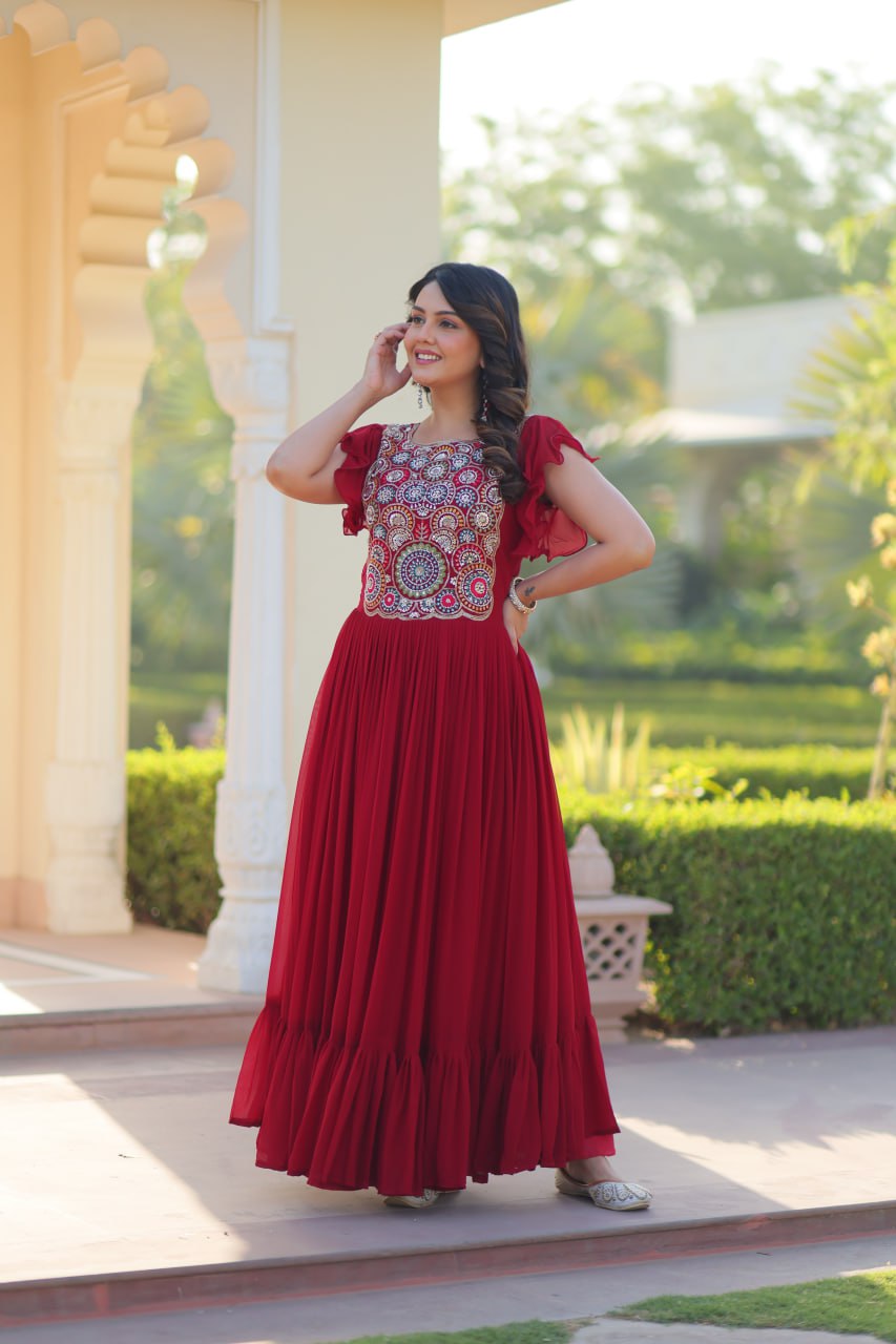 Red Faux Blooming Embroidered Gown with Beads, Sequins & Bell Sleeves – 7 Meter Flair