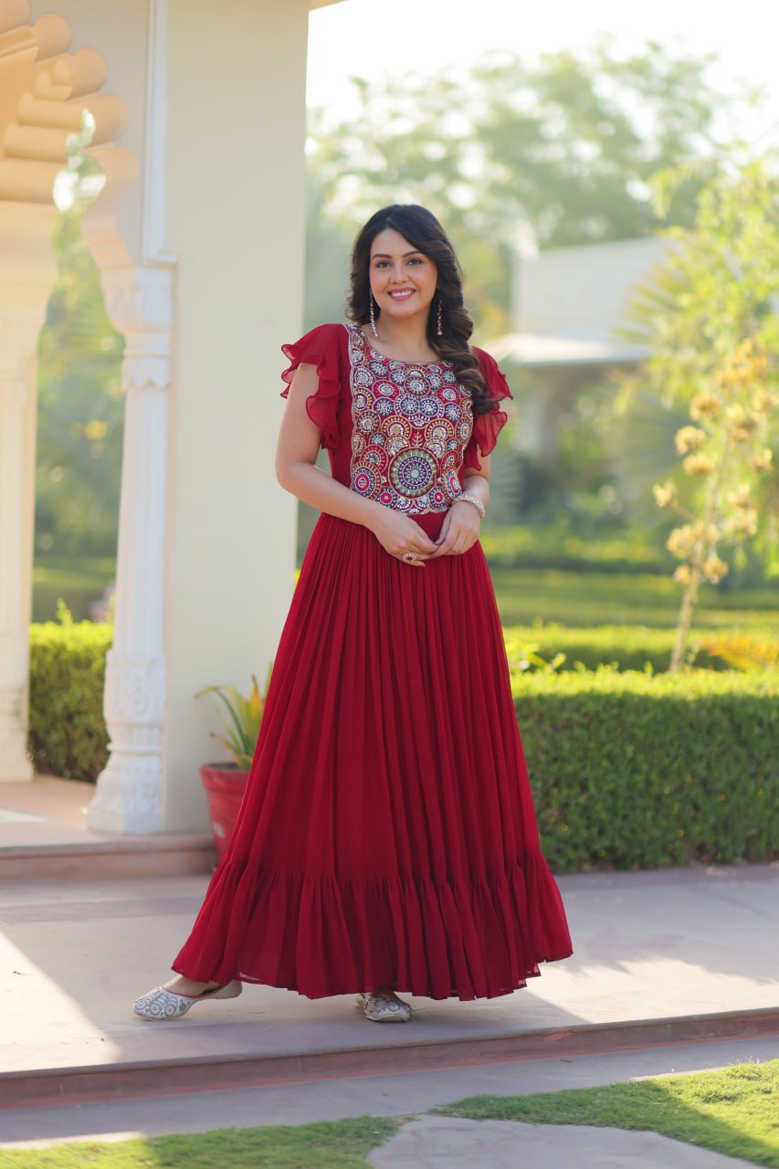 Red Faux Blooming Embroidered Gown with Beads, Sequins & Bell Sleeves – 7 Meter Flair