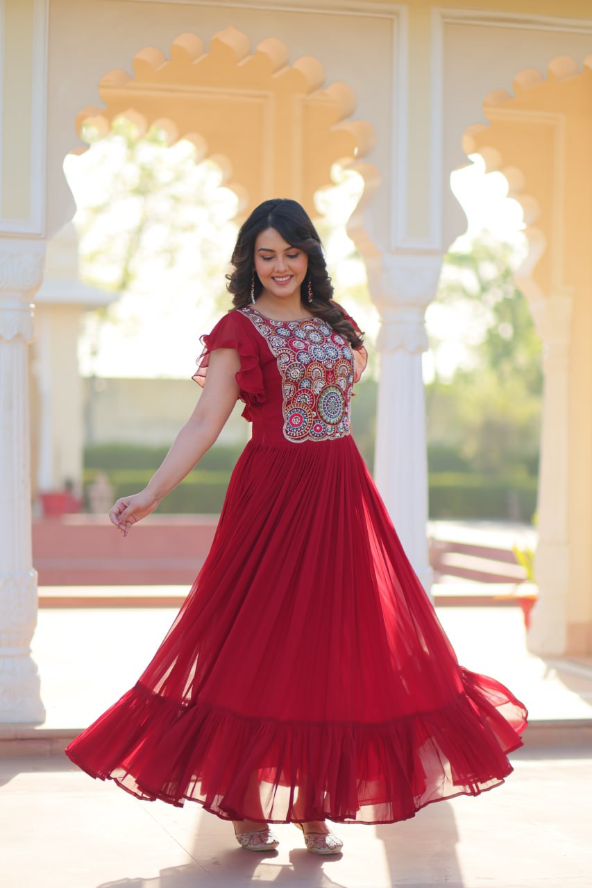 Red Faux Blooming Embroidered Gown with Beads, Sequins & Bell Sleeves – 7 Meter Flair