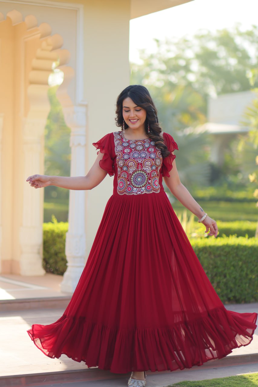 Red Faux Blooming Embroidered Gown with Beads, Sequins & Bell Sleeves – 7 Meter Flair