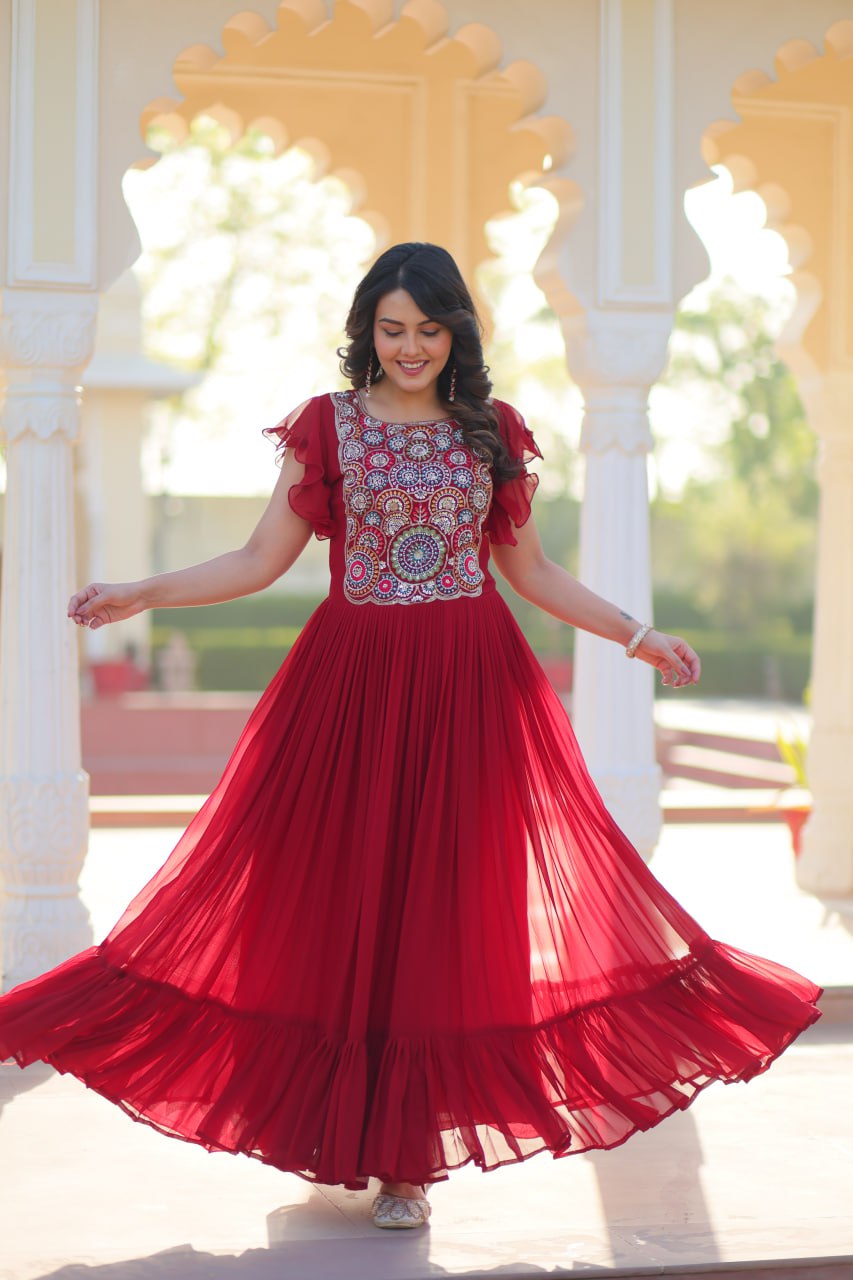 Red Faux Blooming Embroidered Gown with Beads, Sequins & Bell Sleeves – 7 Meter Flair