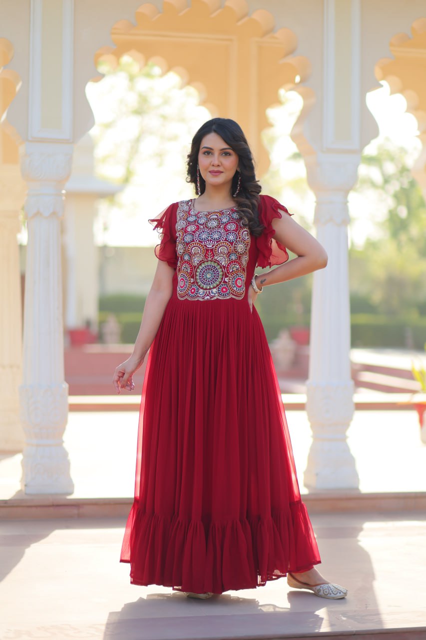 Red Faux Blooming Embroidered Gown with Beads, Sequins & Bell Sleeves – 7 Meter Flair