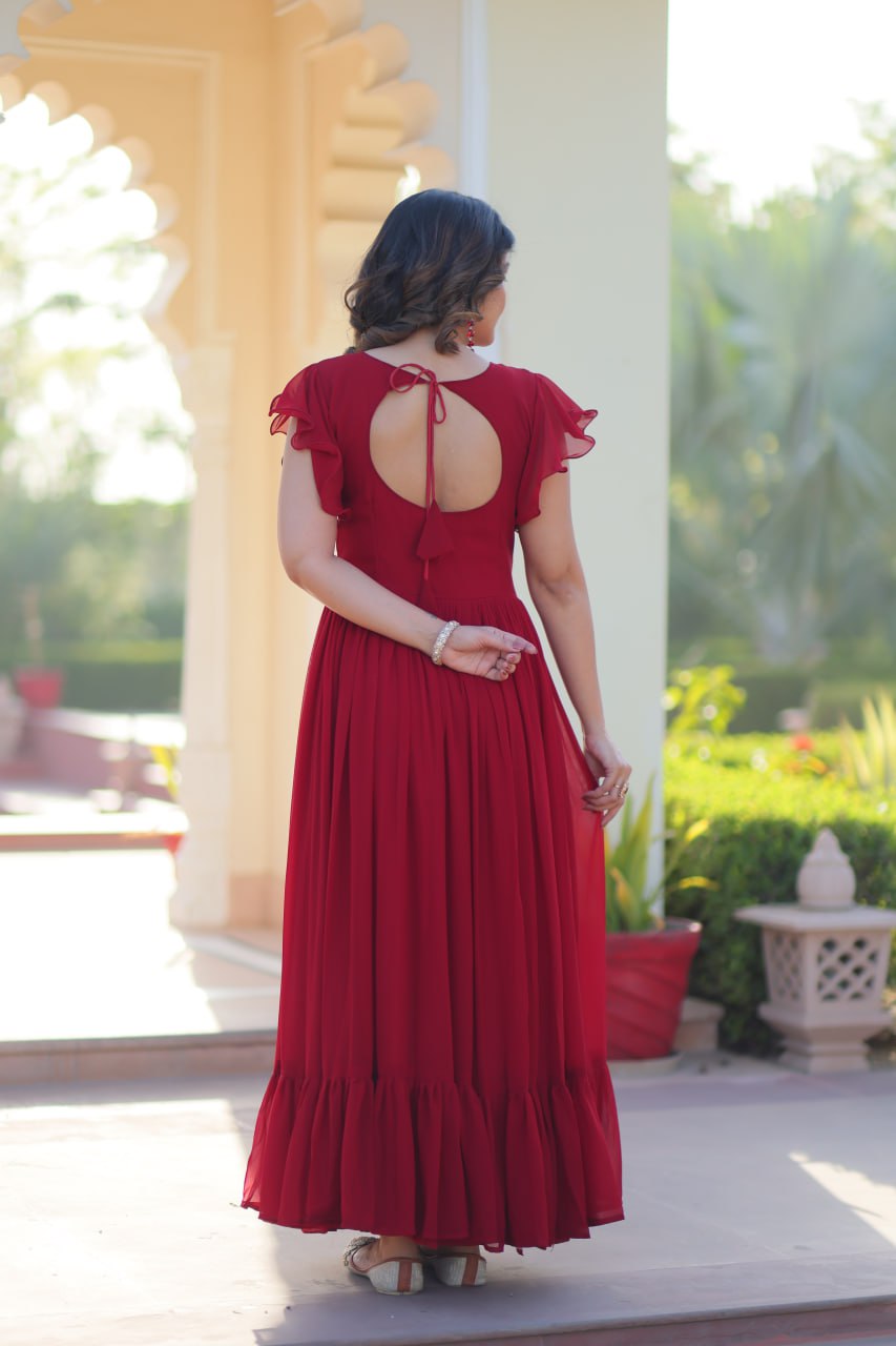 Red Faux Blooming Embroidered Gown with Beads, Sequins & Bell Sleeves – 7 Meter Flair