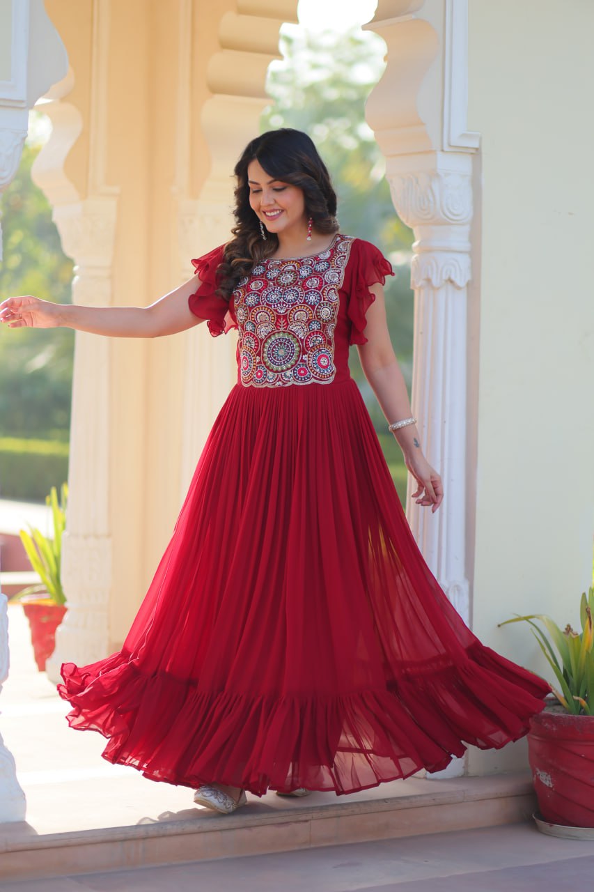 Red Faux Blooming Embroidered Gown with Beads, Sequins & Bell Sleeves – 7 Meter Flair