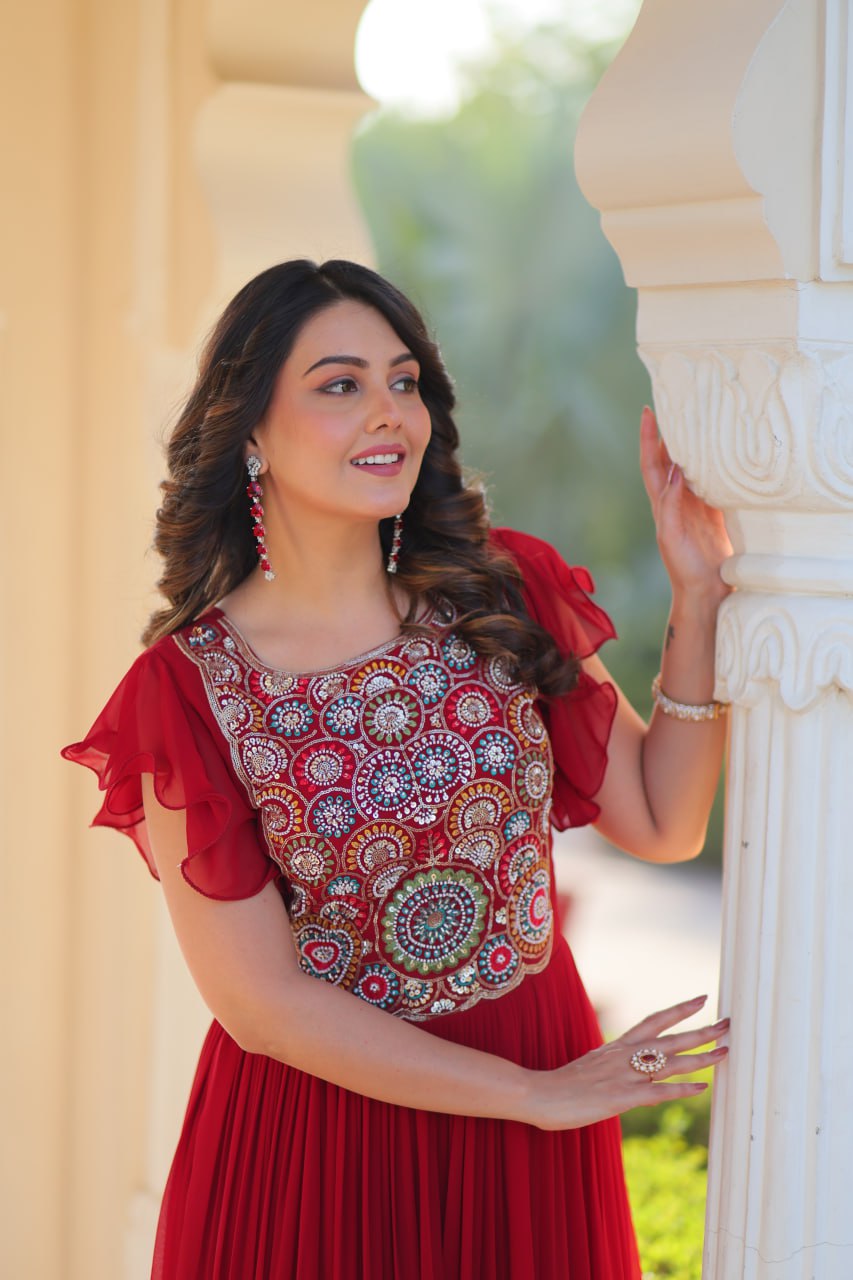 Red Faux Blooming Embroidered Gown with Beads, Sequins & Bell Sleeves – 7 Meter Flair
