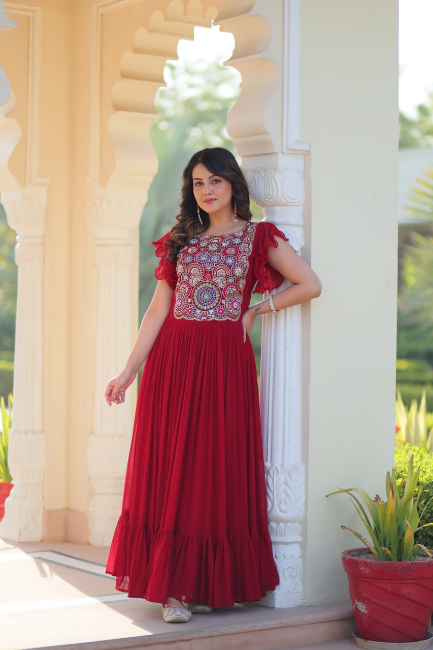 Red Faux Blooming Embroidered Gown with Beads, Sequins & Bell Sleeves – 7 Meter Flair
