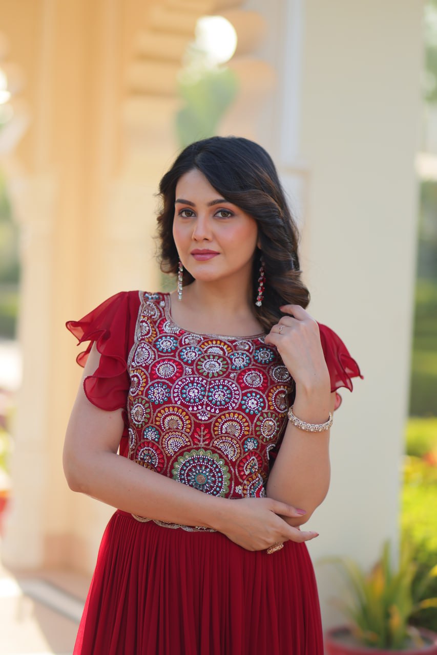 Red Faux Blooming Embroidered Gown with Beads, Sequins & Bell Sleeves – 7 Meter Flair