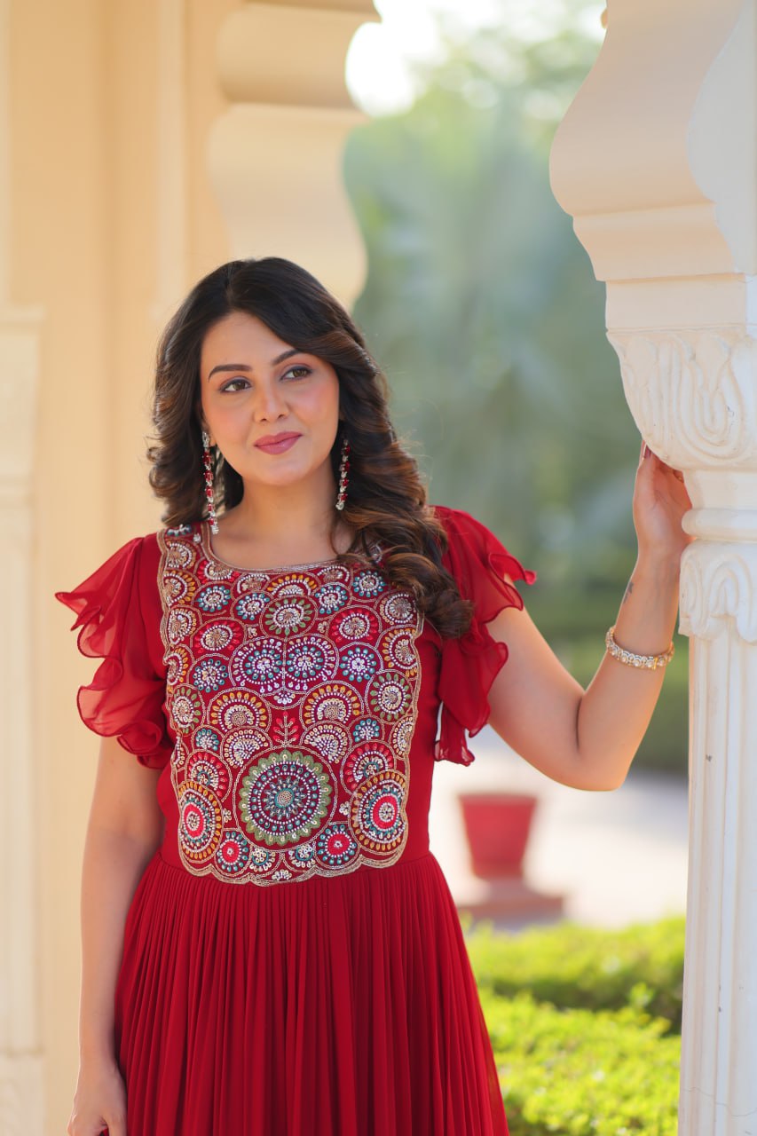 Red Faux Blooming Embroidered Gown with Beads, Sequins & Bell Sleeves – 7 Meter Flair