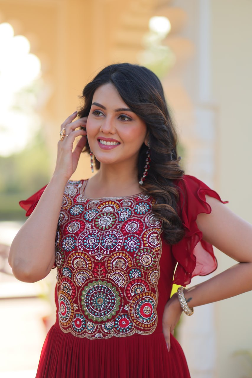 Red Faux Blooming Embroidered Gown with Beads, Sequins & Bell Sleeves – 7 Meter Flair