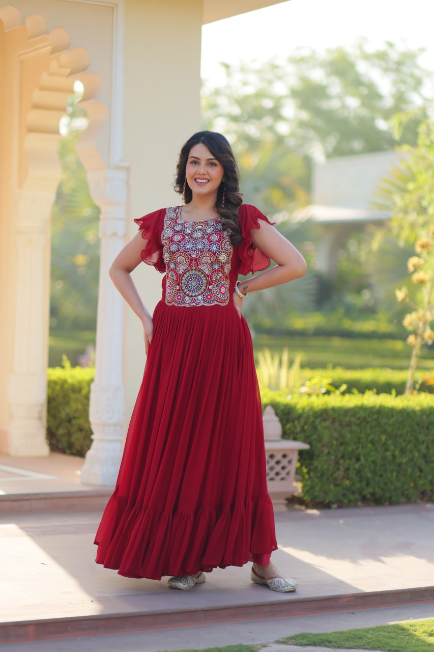Red Faux Blooming Embroidered Gown with Beads, Sequins & Bell Sleeves – 7 Meter Flair