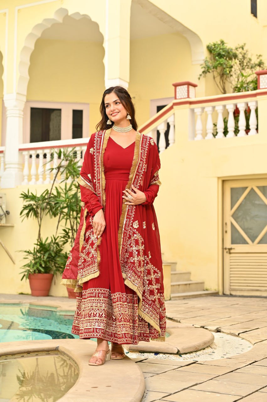 Red Faux Blooming Embroidered Zari Sequins Work Gown with Dupatta
