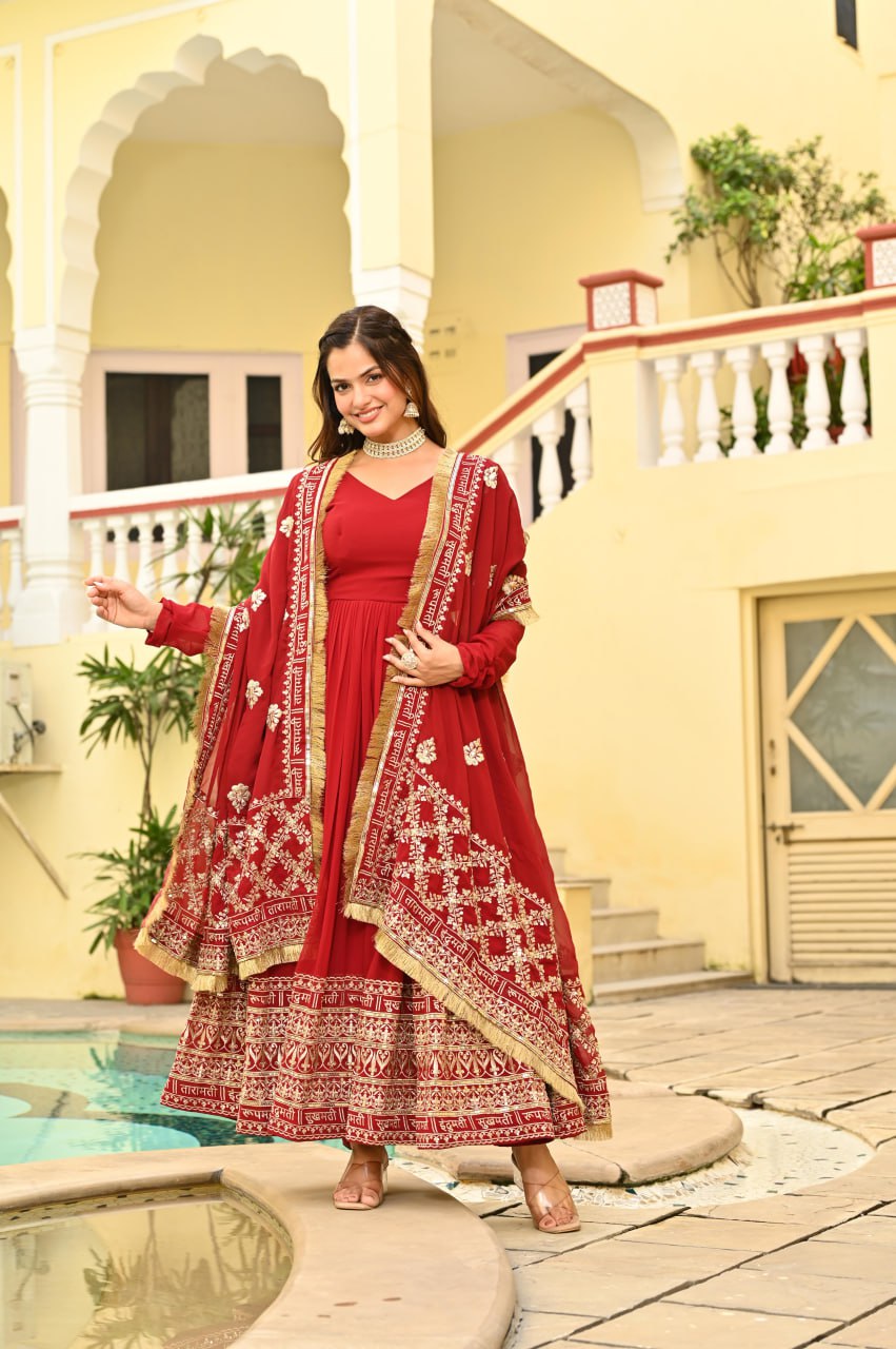 Red Faux Blooming Embroidered Zari Sequins Work Gown with Dupatta