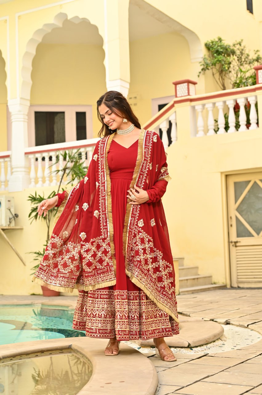 Red Faux Blooming Embroidered Zari Sequins Work Gown with Dupatta