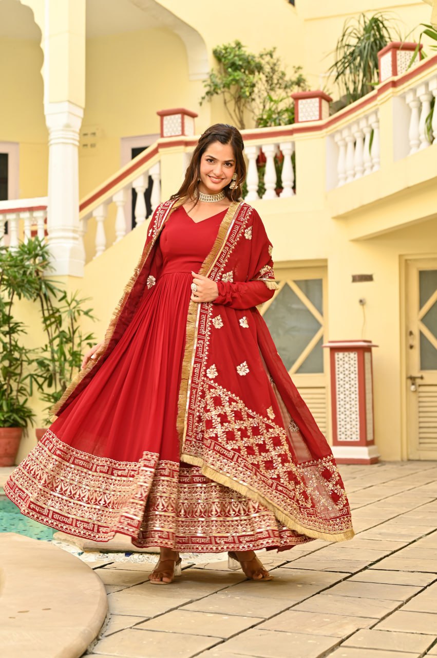 Red Faux Blooming Embroidered Zari Sequins Work Gown with Dupatta