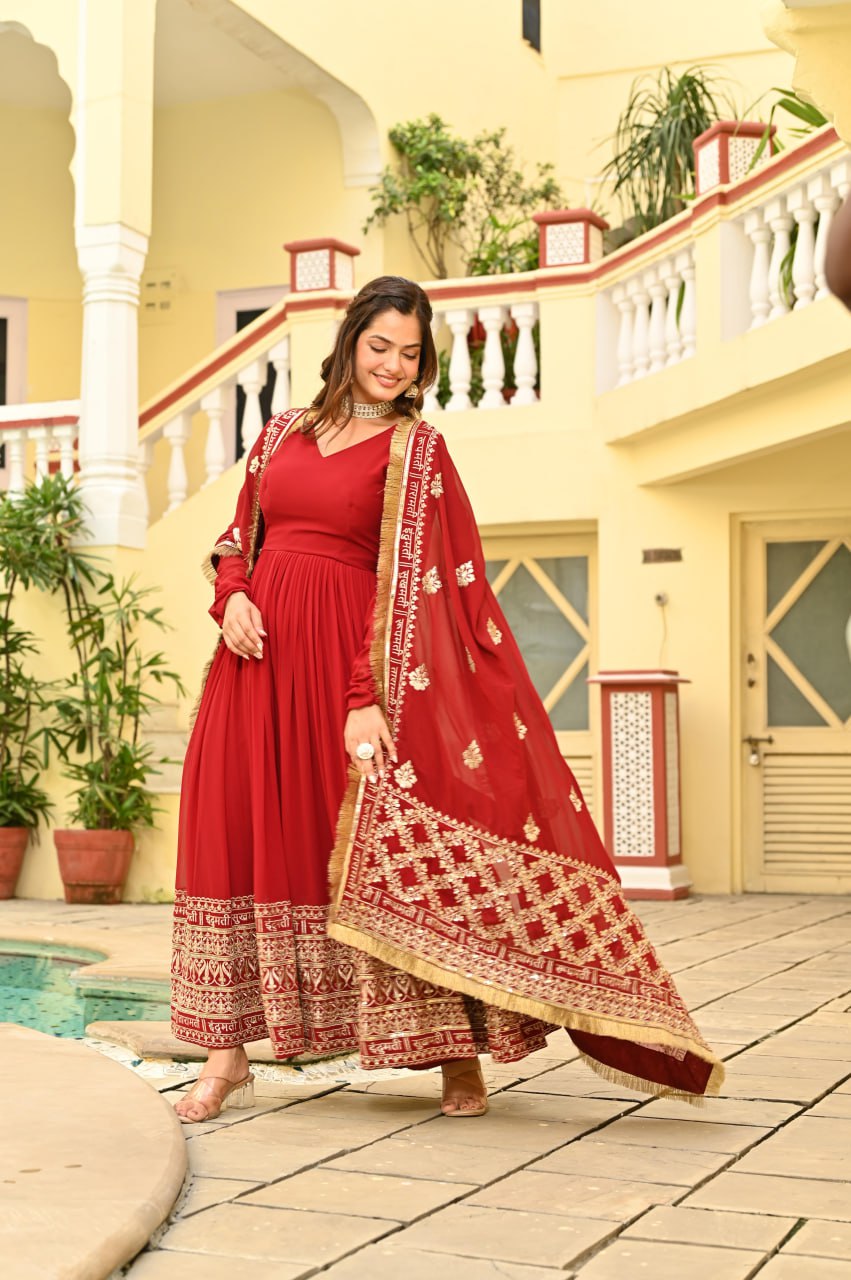 Red Faux Blooming Embroidered Zari Sequins Work Gown with Dupatta