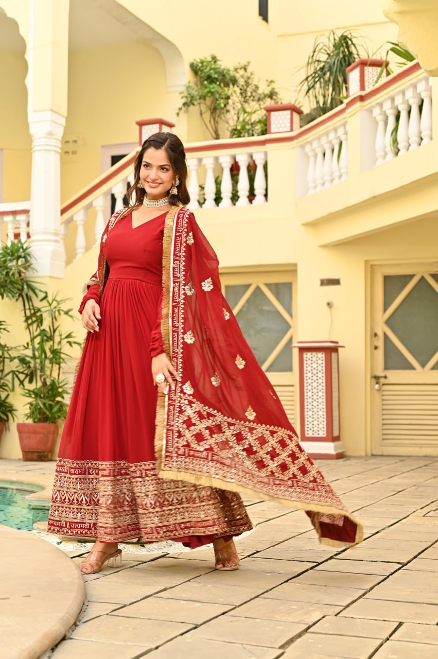 Red Faux Blooming Embroidered Zari Sequins Work Gown with Dupatta