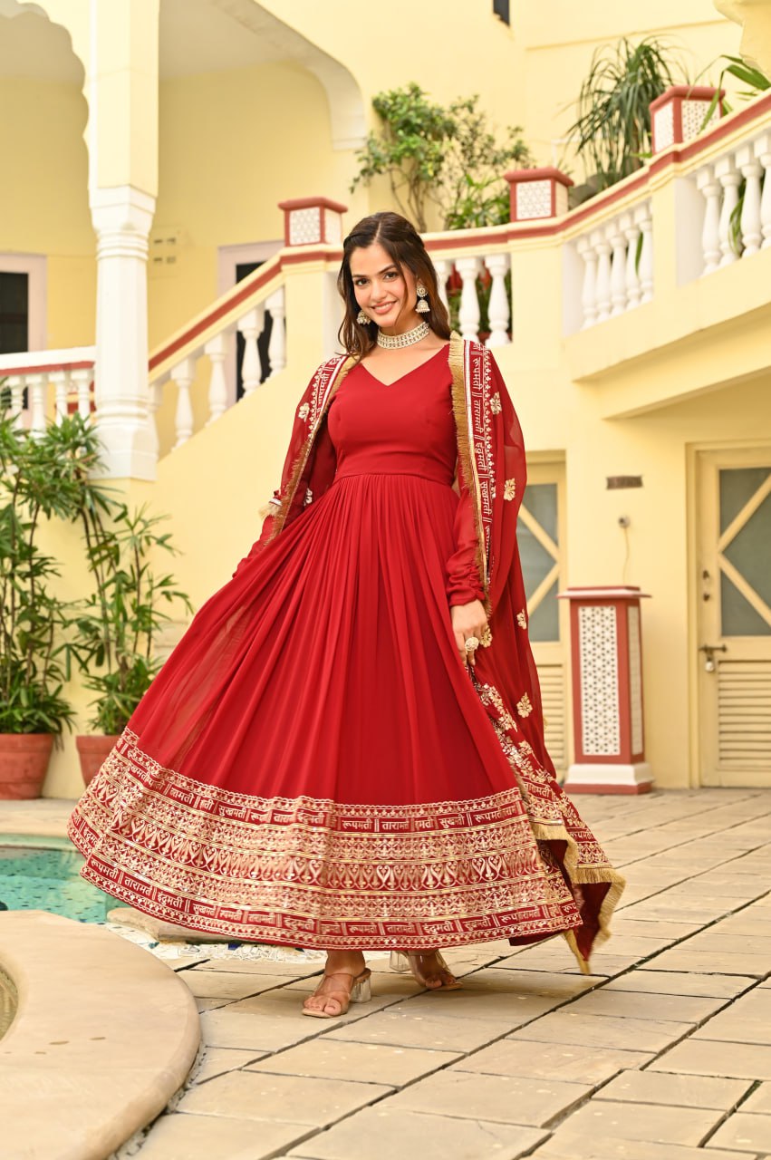 Red Faux Blooming Embroidered Zari Sequins Work Gown with Dupatta
