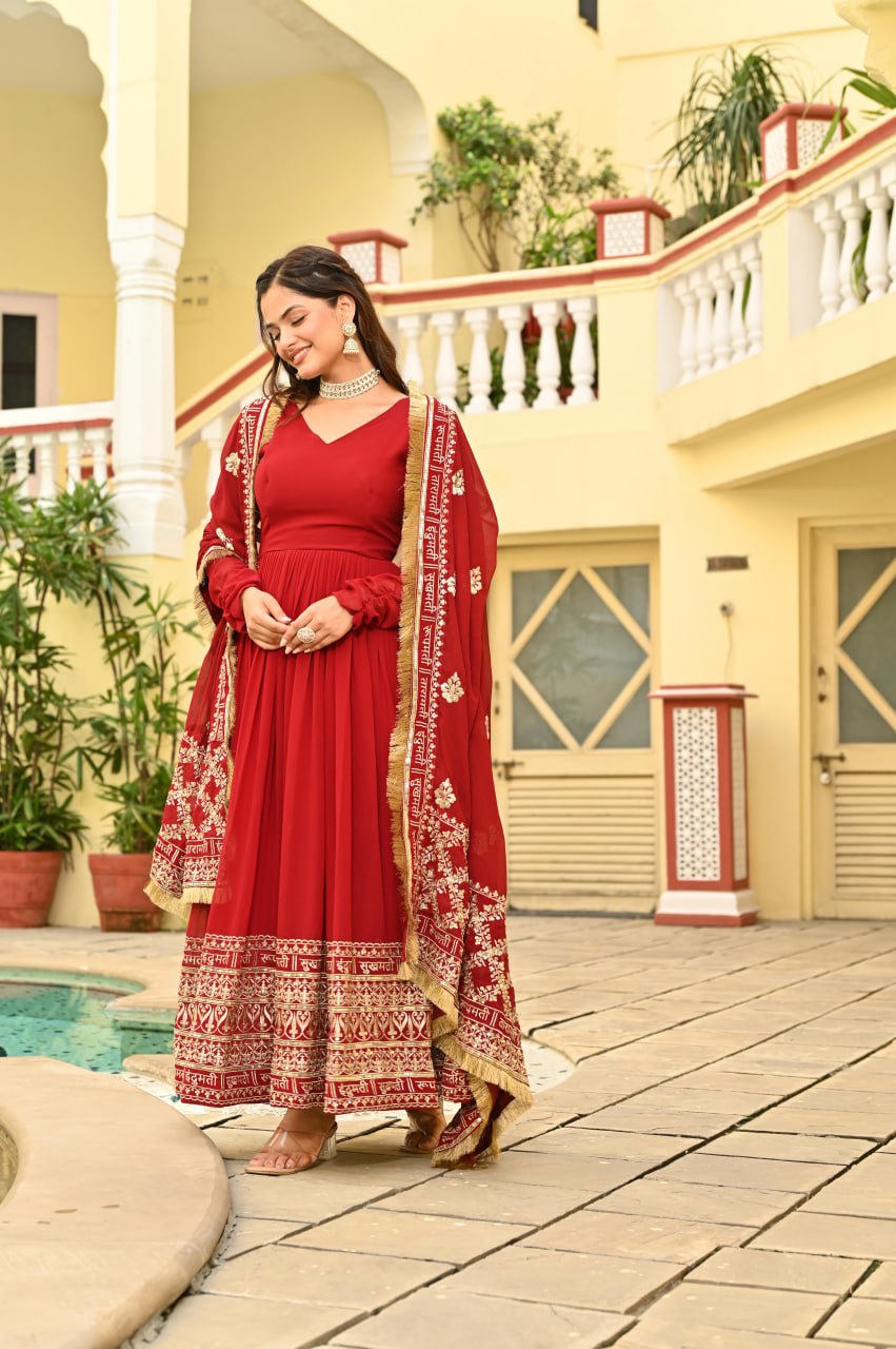 Red Faux Blooming Embroidered Zari Sequins Work Gown with Dupatta