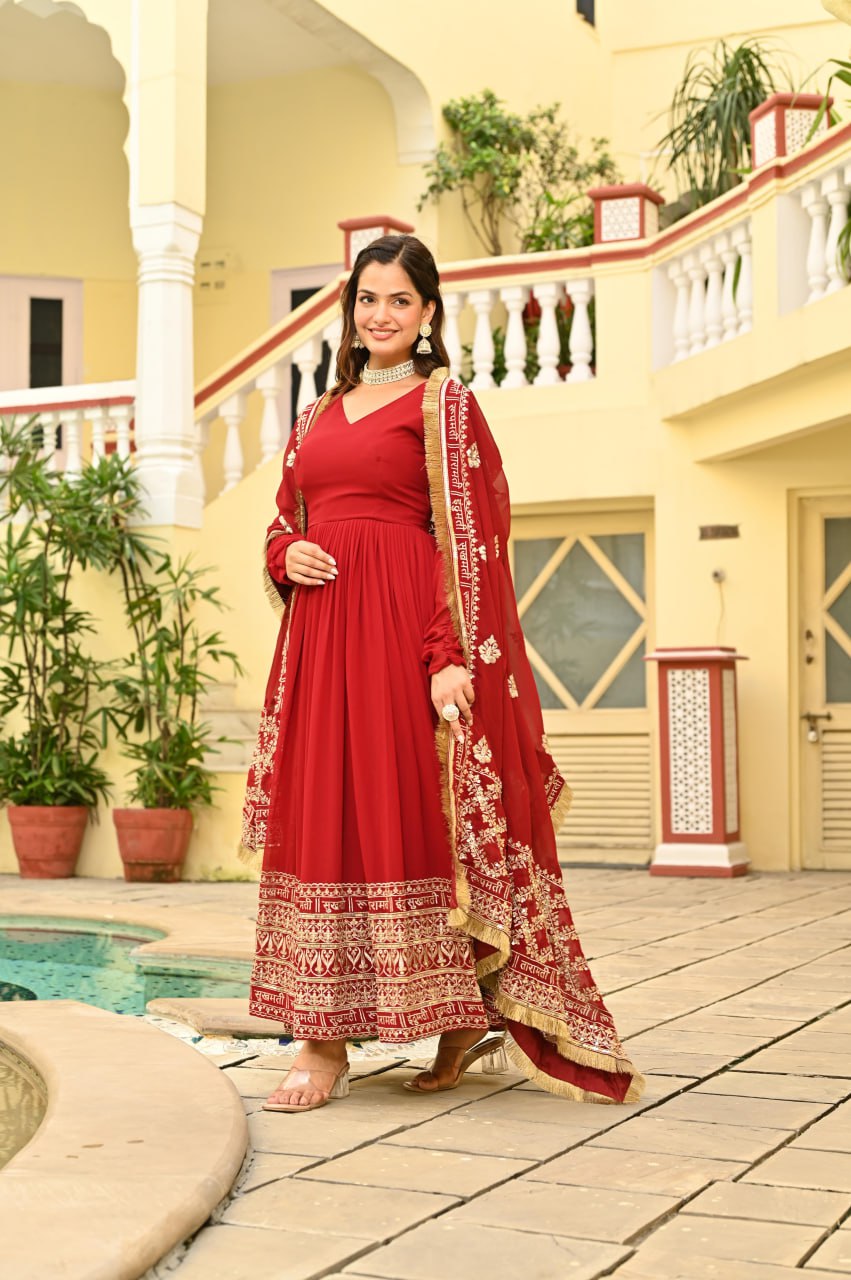 Red Faux Blooming Embroidered Zari Sequins Work Gown with Dupatta