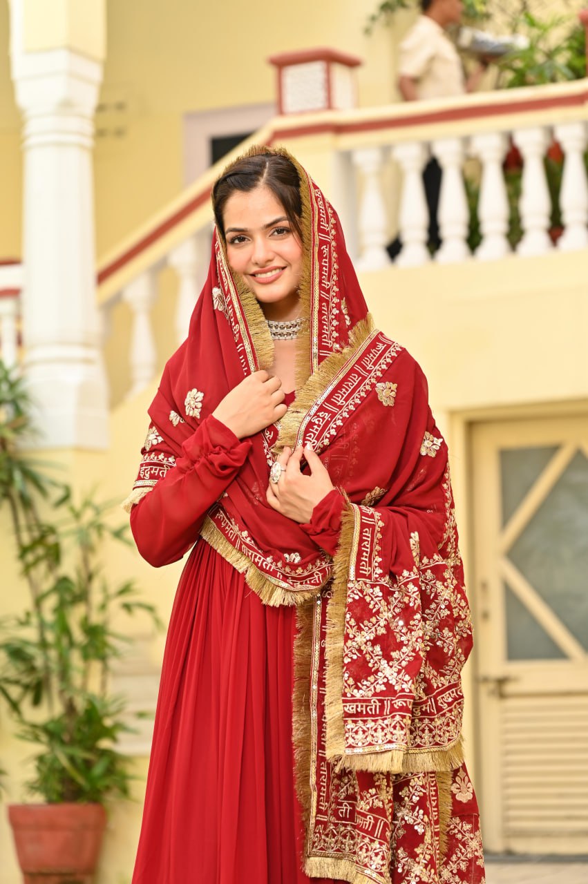 Red Faux Blooming Embroidered Zari Sequins Work Gown with Dupatta