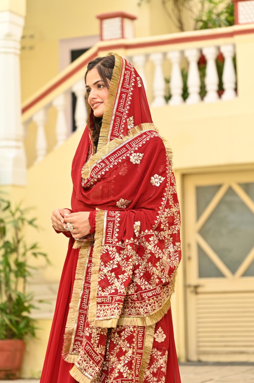 Red Faux Blooming Embroidered Zari Sequins Work Gown with Dupatta