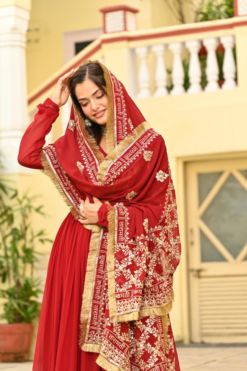 Red Faux Blooming Embroidered Zari Sequins Work Gown with Dupatta