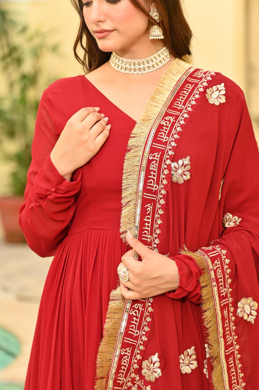 Red Faux Blooming Embroidered Zari Sequins Work Gown with Dupatta