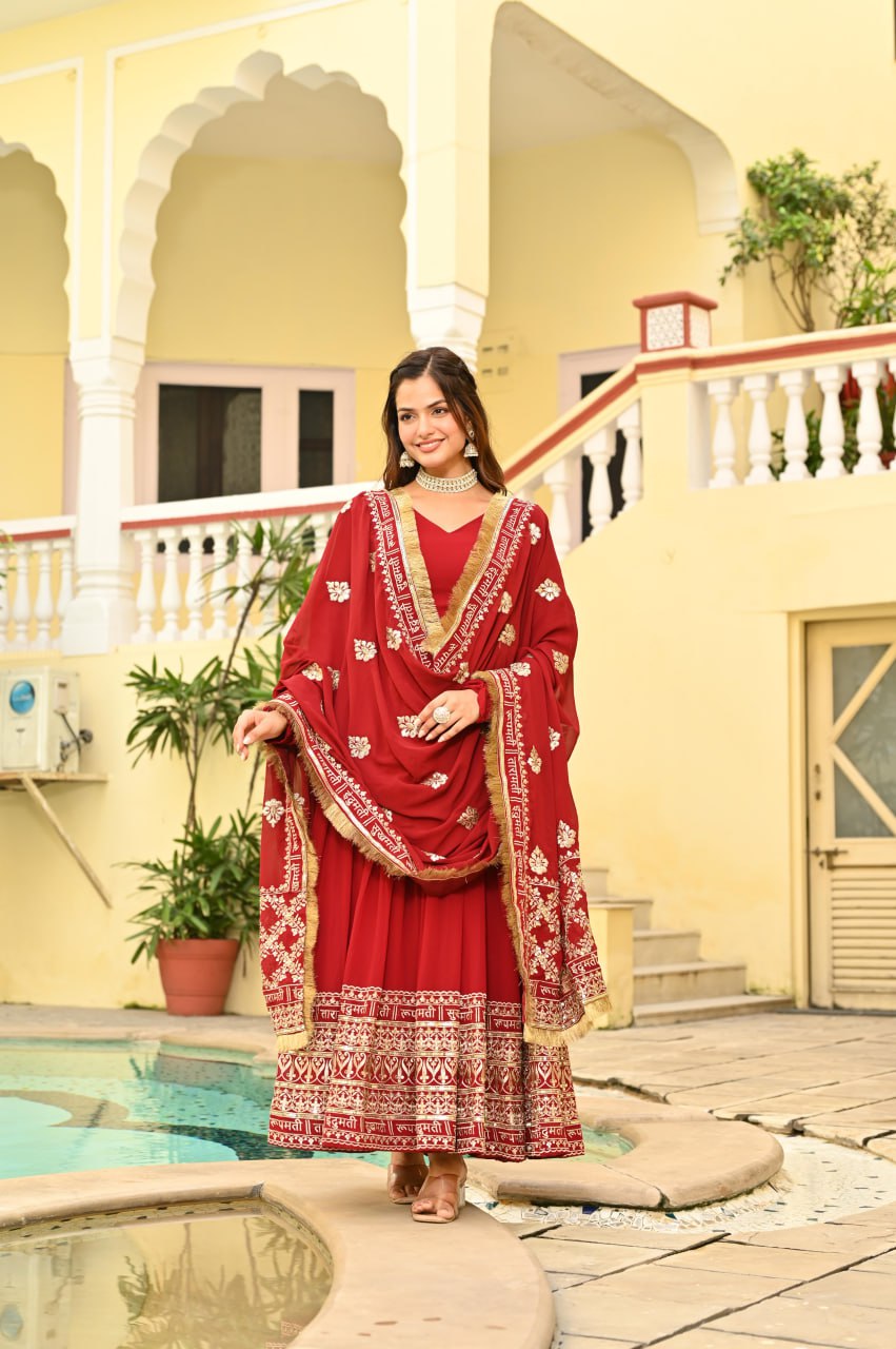 Red Faux Blooming Embroidered Zari Sequins Work Gown with Dupatta