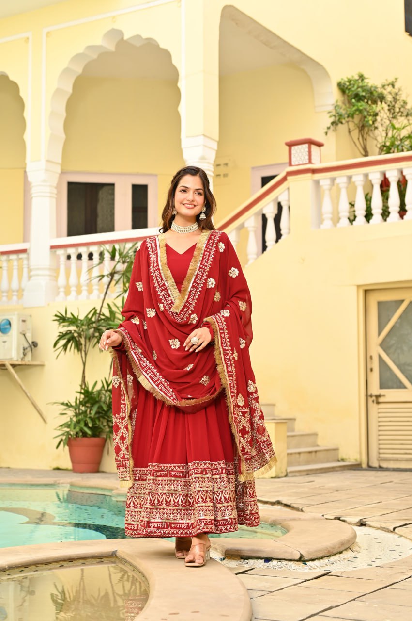 Red Faux Blooming Embroidered Zari Sequins Work Gown with Dupatta