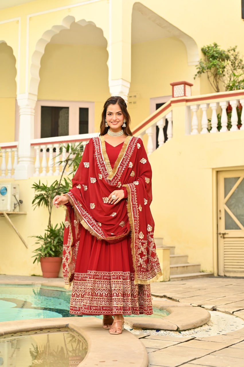 Red Faux Blooming Embroidered Zari Sequins Work Gown with Dupatta