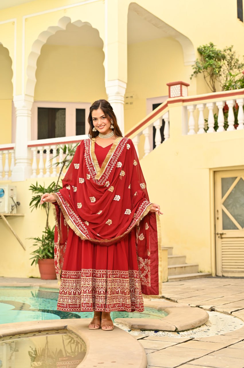 Red Faux Blooming Embroidered Zari Sequins Work Gown with Dupatta