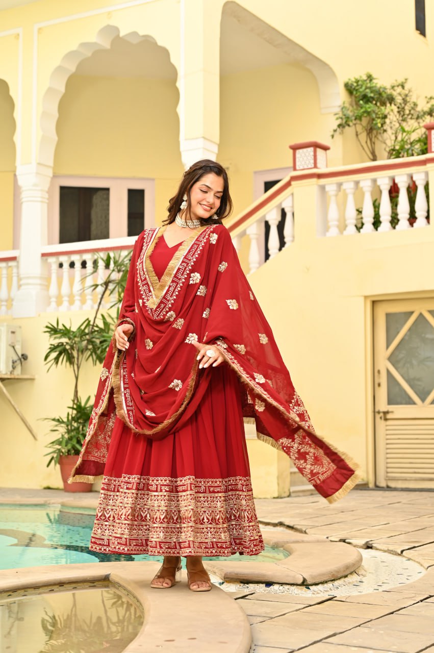 Red Faux Blooming Embroidered Zari Sequins Work Gown with Dupatta