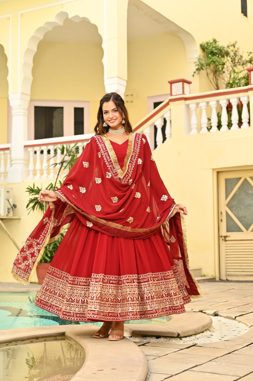 Red Faux Blooming Embroidered Zari Sequins Work Gown with Dupatta